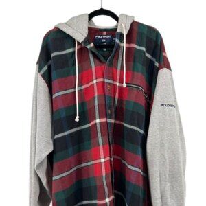 Vintage Polo Sport Ralph Lauren Flannel Button Up Hoodie XXL Plaid 90s USA Flag